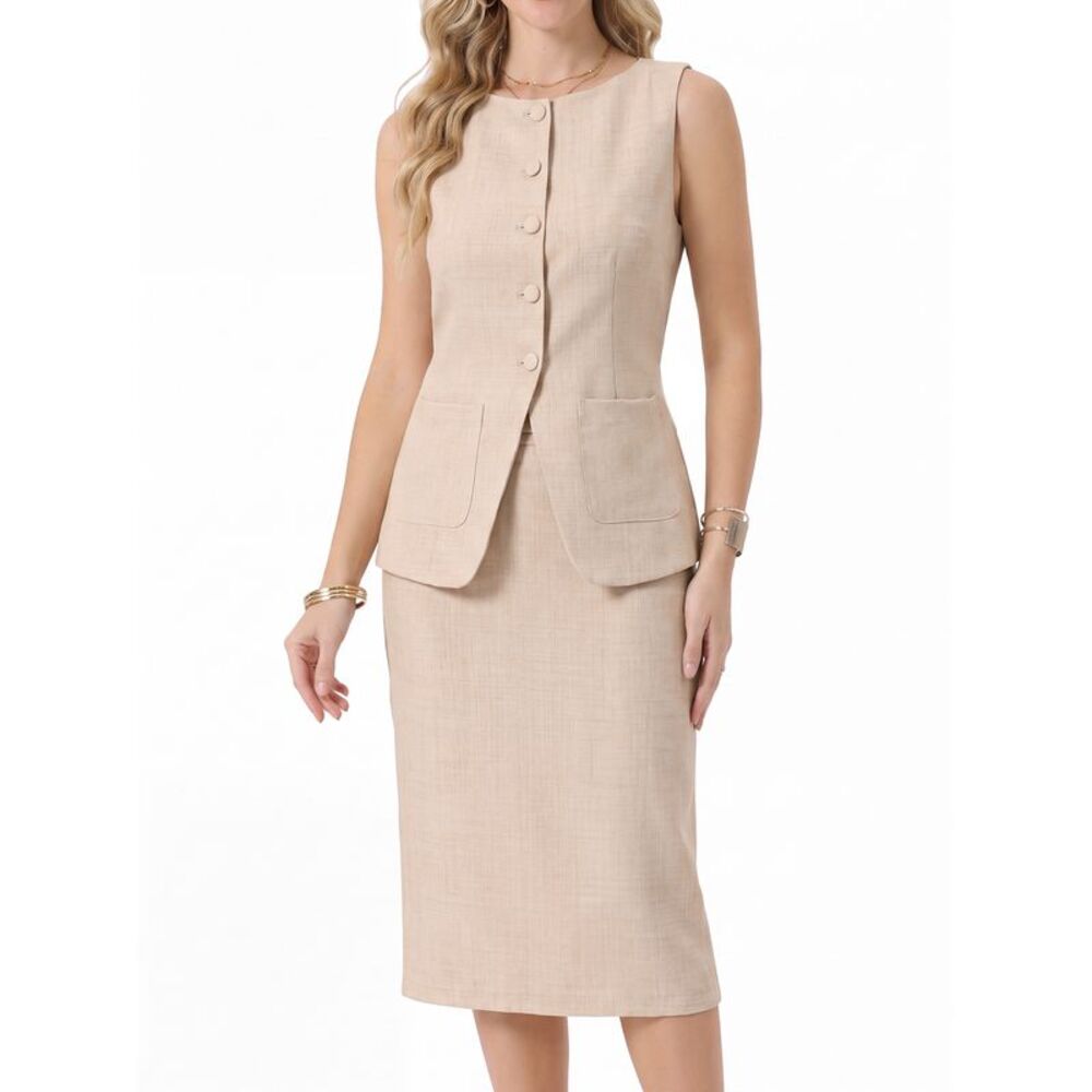 Women's Linen Outfits Skirt Suit Sets Dress Vest Casual Tops Beige